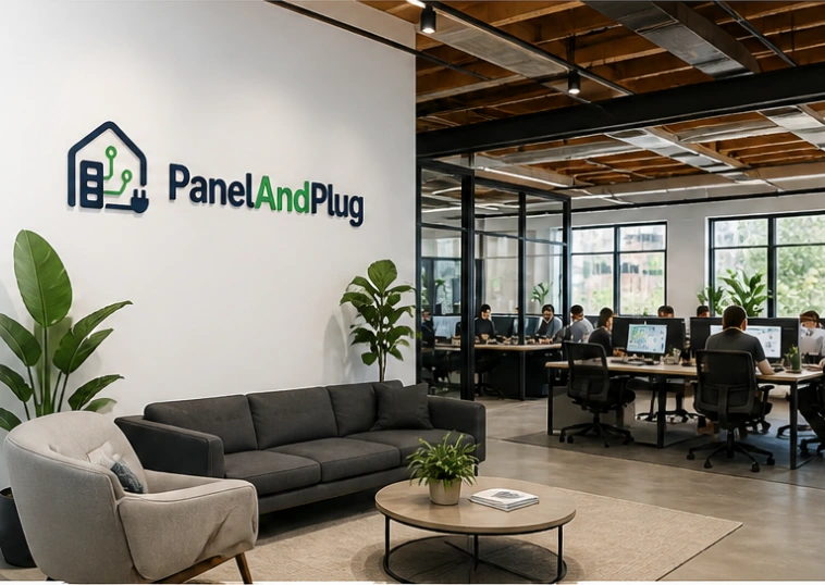 PanelAndPlug office lounge with logo wall